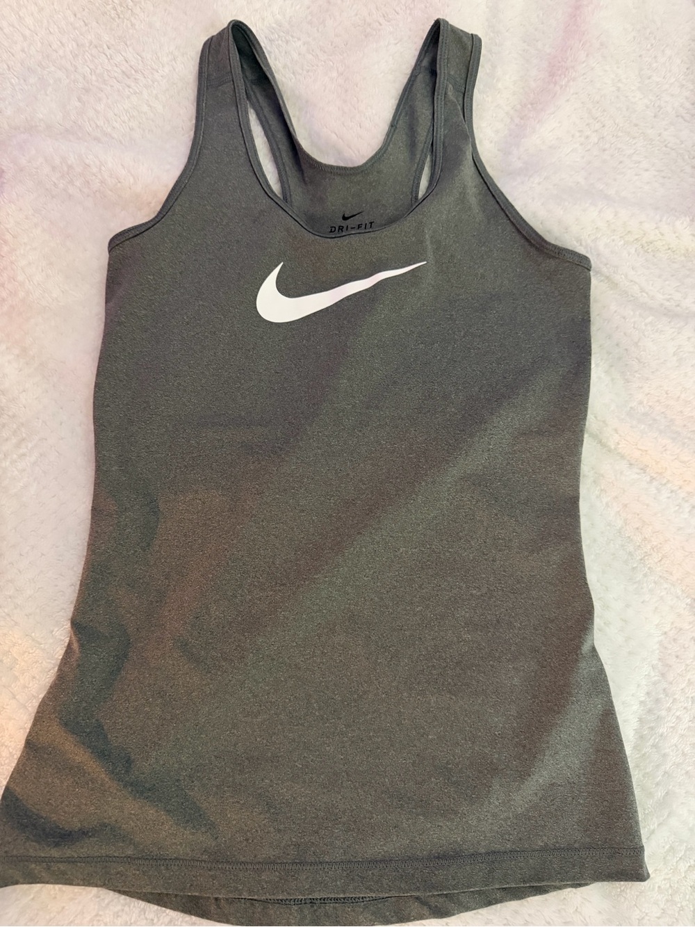 Nike Women’s Dark Gray Dri-FIT Racerback Tank with White Swoosh